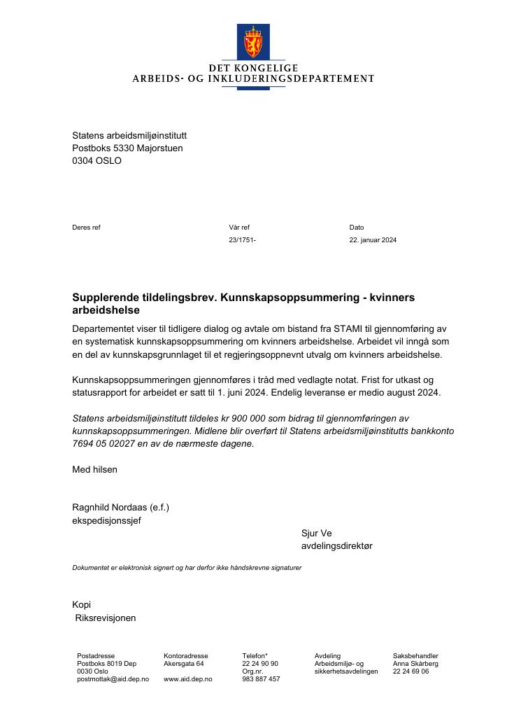 Forsiden av dokumentet Supplerende tildelingsbrev nr. 1 2024 Statens arbeidsmiljøinstitutt