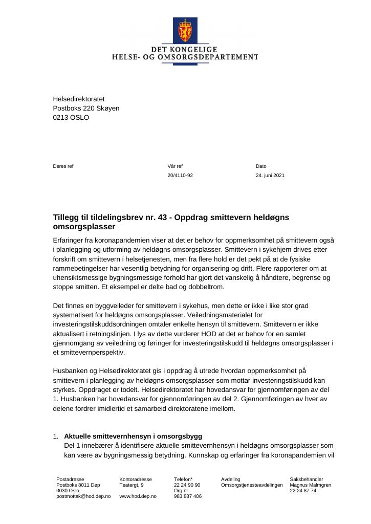 Forsiden av dokumentet Tildelingsbrev Helsedirektoratet 2021 - tillegg nr. 43