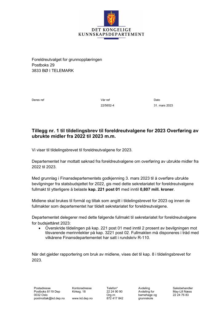 Tildelingsbrev Foreldreutvalgene 2023 - Tillegg Nr. 1 - Kudos