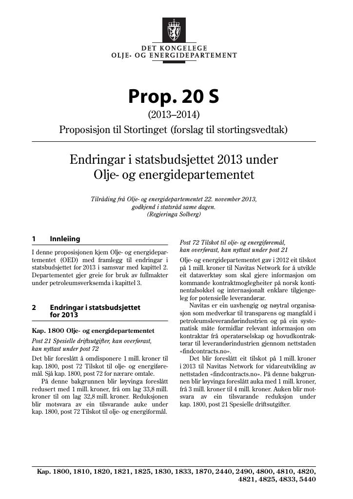 Forsiden av dokumentet Prop. 20 S (2013–2014)