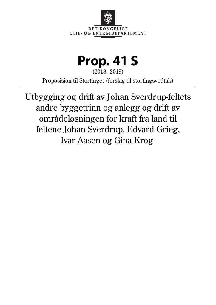 Forsiden av dokumentet Prop. 41 S (2018–2019)