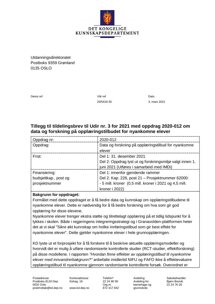 Forsiden av dokumentet Tildelingsbrev Utdanningsdirektoratet 2021 - tillegg nr. 3