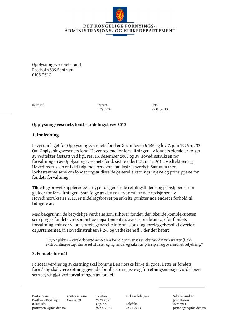 Forsiden av dokumentet Tildelingsbrev (.pdf)