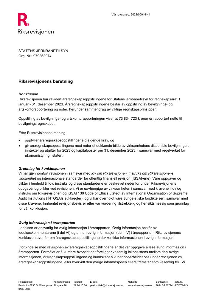 Forsiden av dokumentet Revisjonsberetning Statens jernbanetilsyn 2023