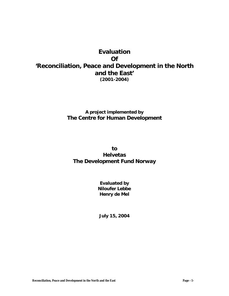 Forsiden av dokumentet Evaluation of ‘Reconciliation, Peace and Development in the North and the East’(2001-2004)
