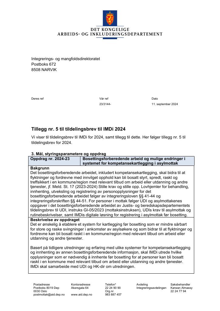 Forsiden av dokumentet Tildelingsbrev Integrerings- og mangfoldsdirektoratet (IMDi) 2024 - tillegg nr. 5