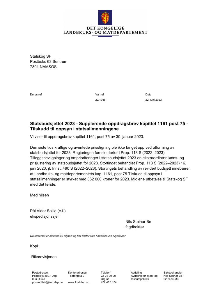 Forsiden av dokumentet Supplerende oppdragsbrev kapittel 1161