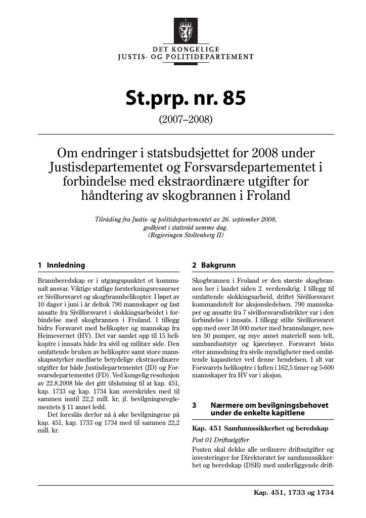 Forsiden av dokumentet St.prp. nr. 85 (2007-2008)