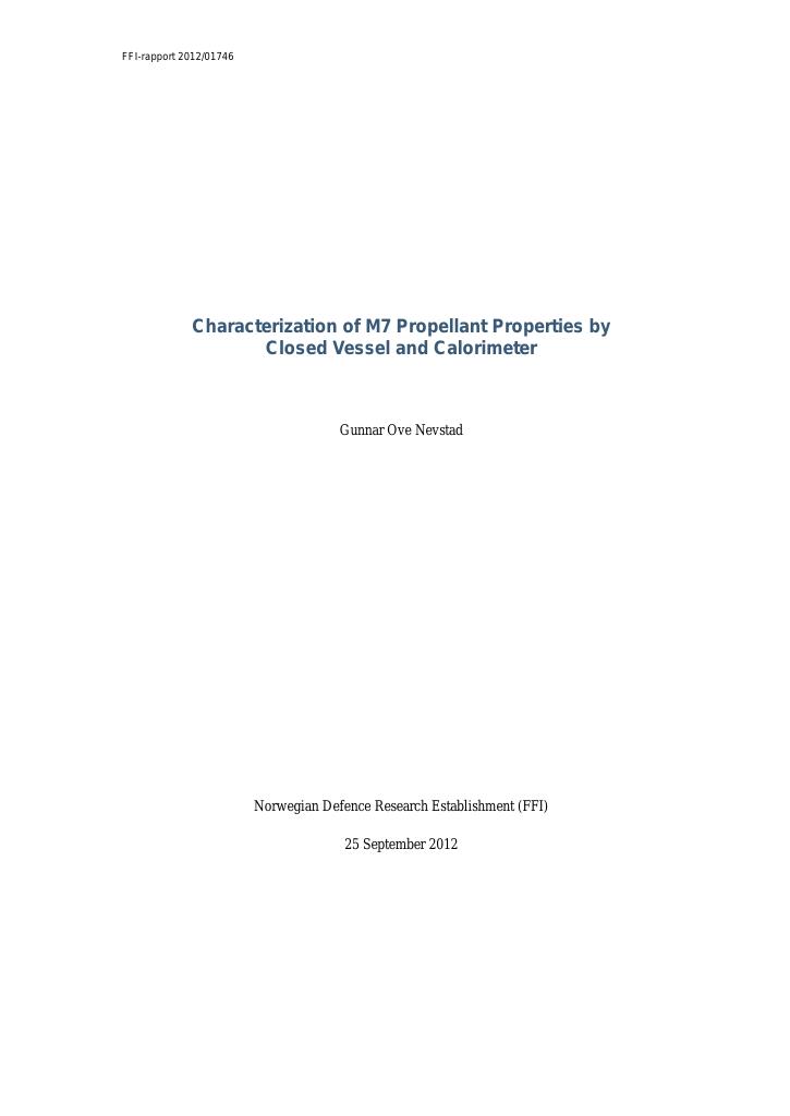 Forsiden av dokumentet Characterization of M7 propellant properties by closed vessel and calorimeter