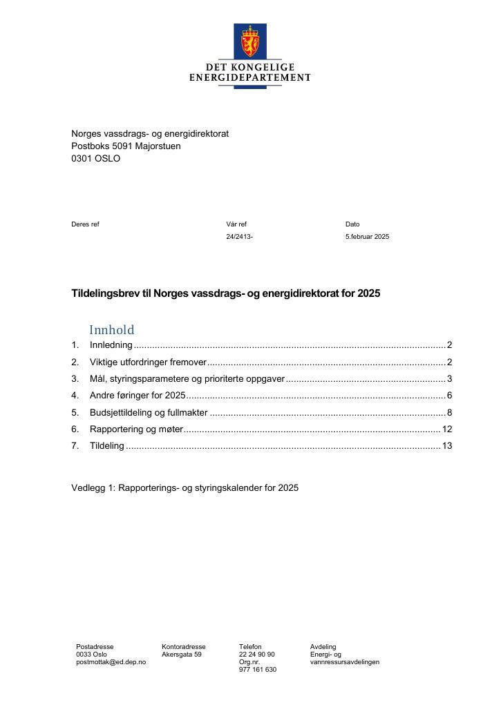 Forsiden av dokumentet Tildelingsbrev Norges vassdrags- og energidirektorat 2025