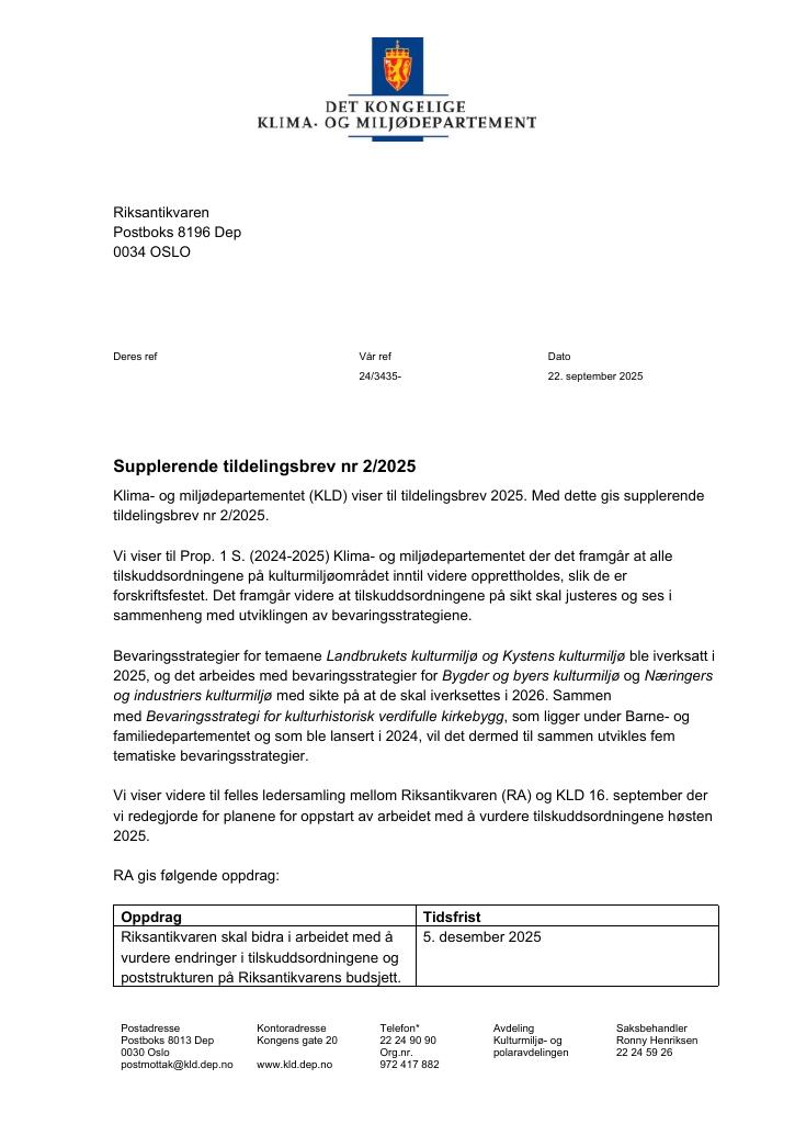Forsiden av dokumentet Tildelingsbrev Riksantikvaren 2025 - tillegg nr. 2