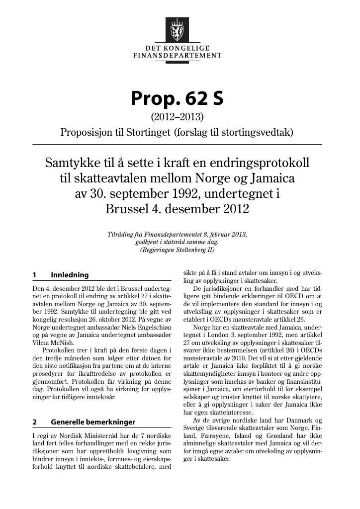 Forsiden av dokumentet Prop. 62 S (2012–2013)
