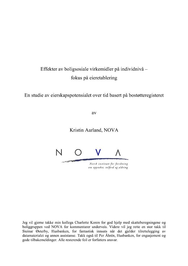Forsiden av dokumentet Effekter av boligsosiale virkemidler på individnivå - fokus på eieretablering