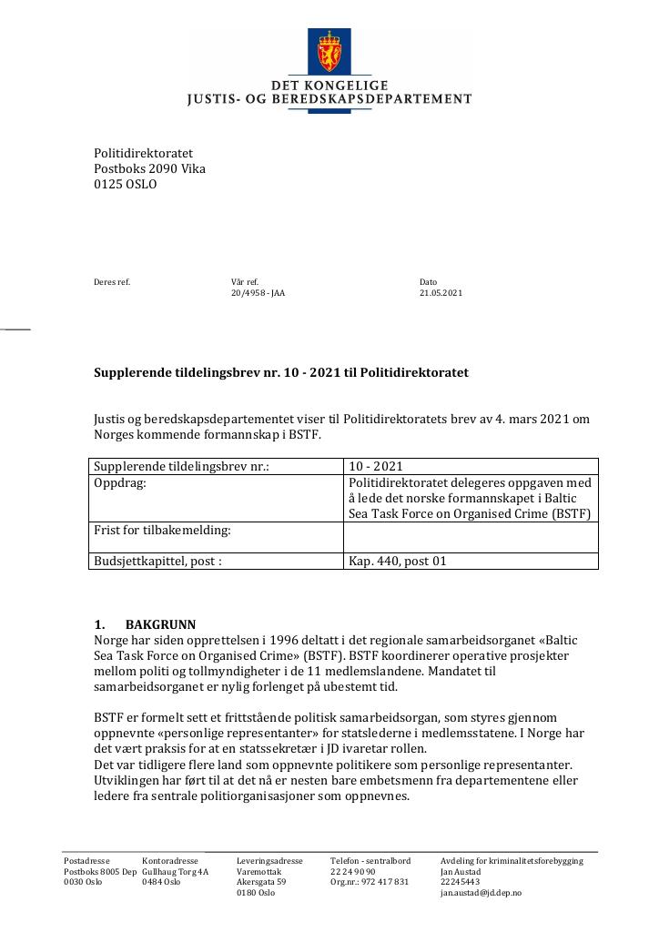 Forsiden av dokumentet Tildelingsbrev Politidirektoratet 2021 - tillegg nr. 10