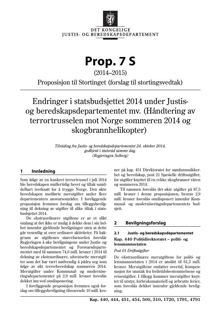 Forsiden av dokumentet Prop. 7 S (2014–2015)