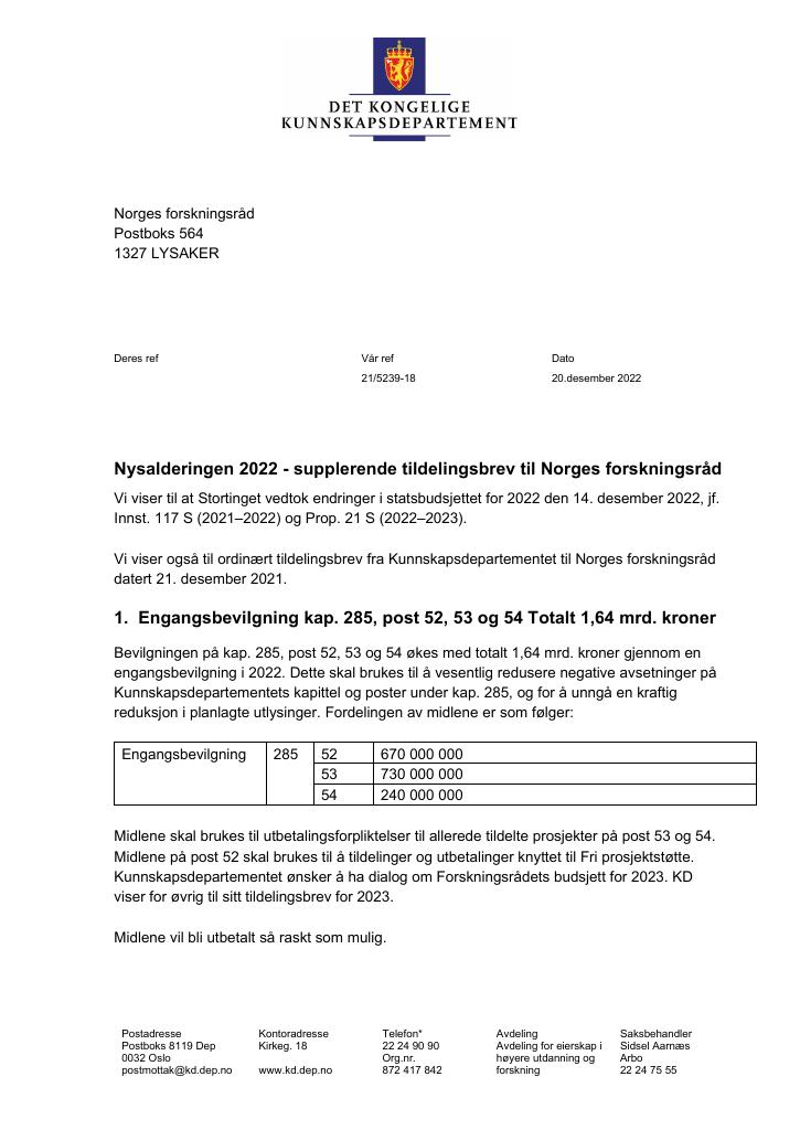 Forsiden av dokumentet Tildelingsbrev Forskningsrådet 2022 - tillegg nr. 2