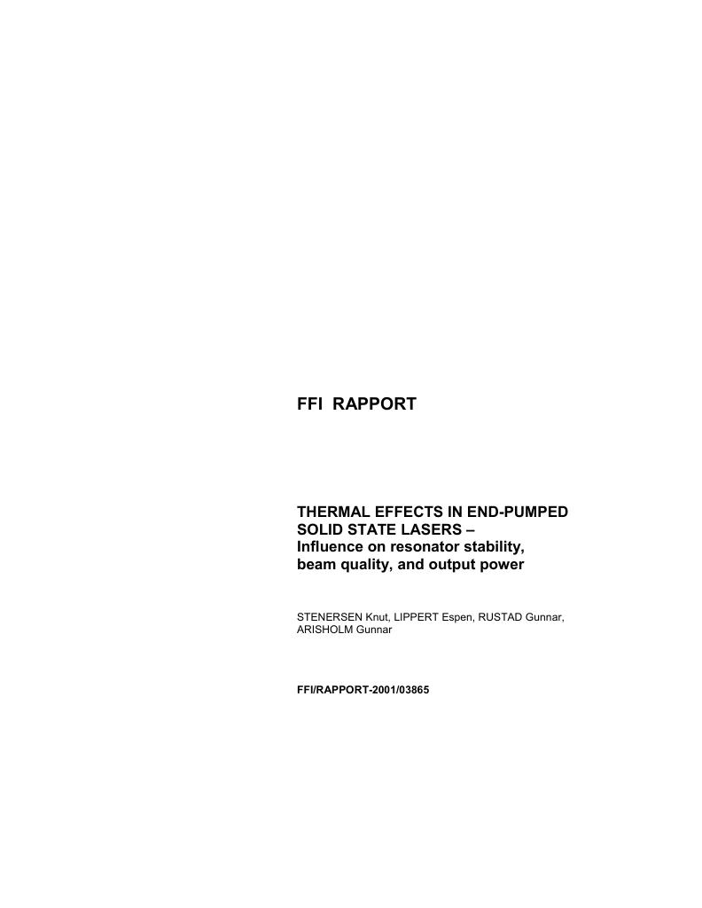 Forsiden av dokumentet Thermal effects in end-pumped solid state lasers : influence on resonator stability, beam quality, and output power