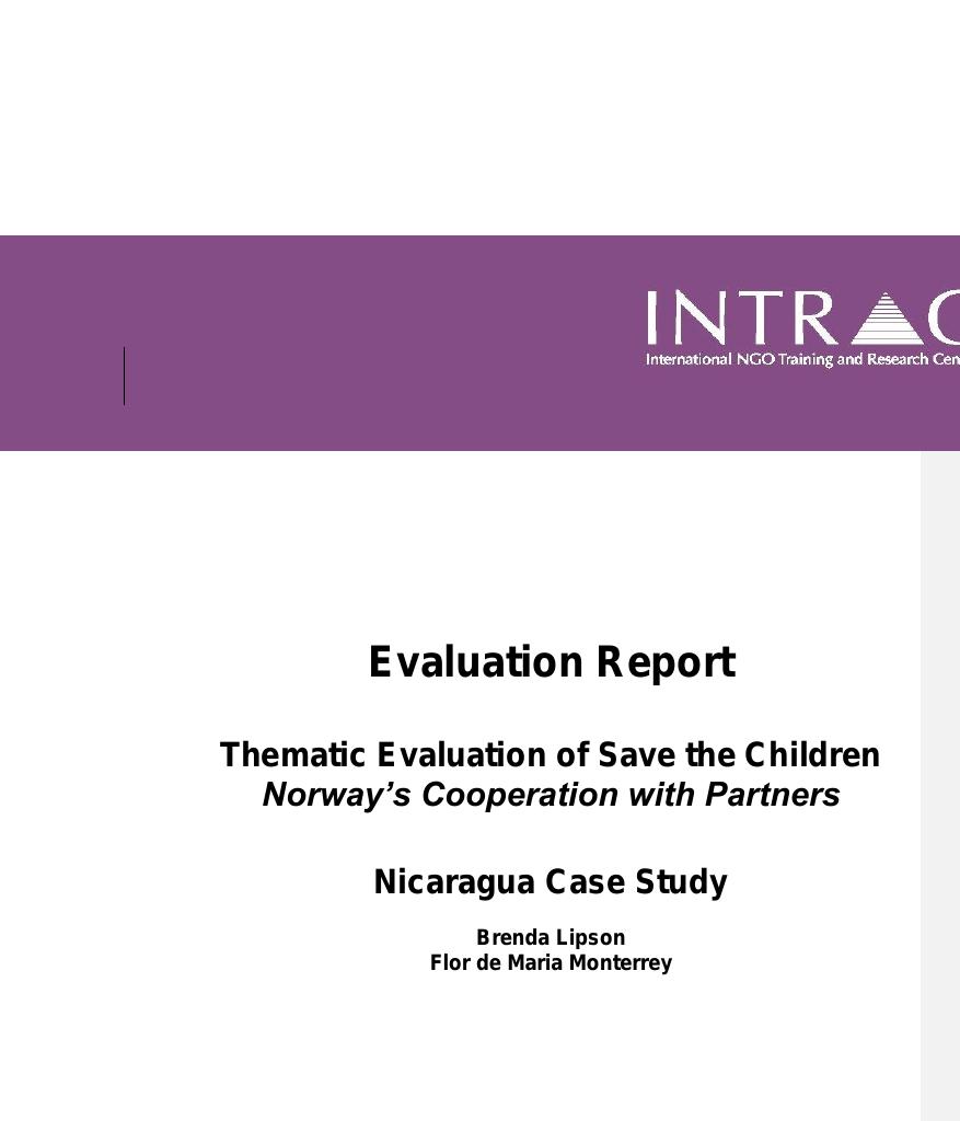 Forsiden av dokumentet Thematic Evaluation of Save the Children Norway's Cooperation with Partners – Nicaragua Case Study