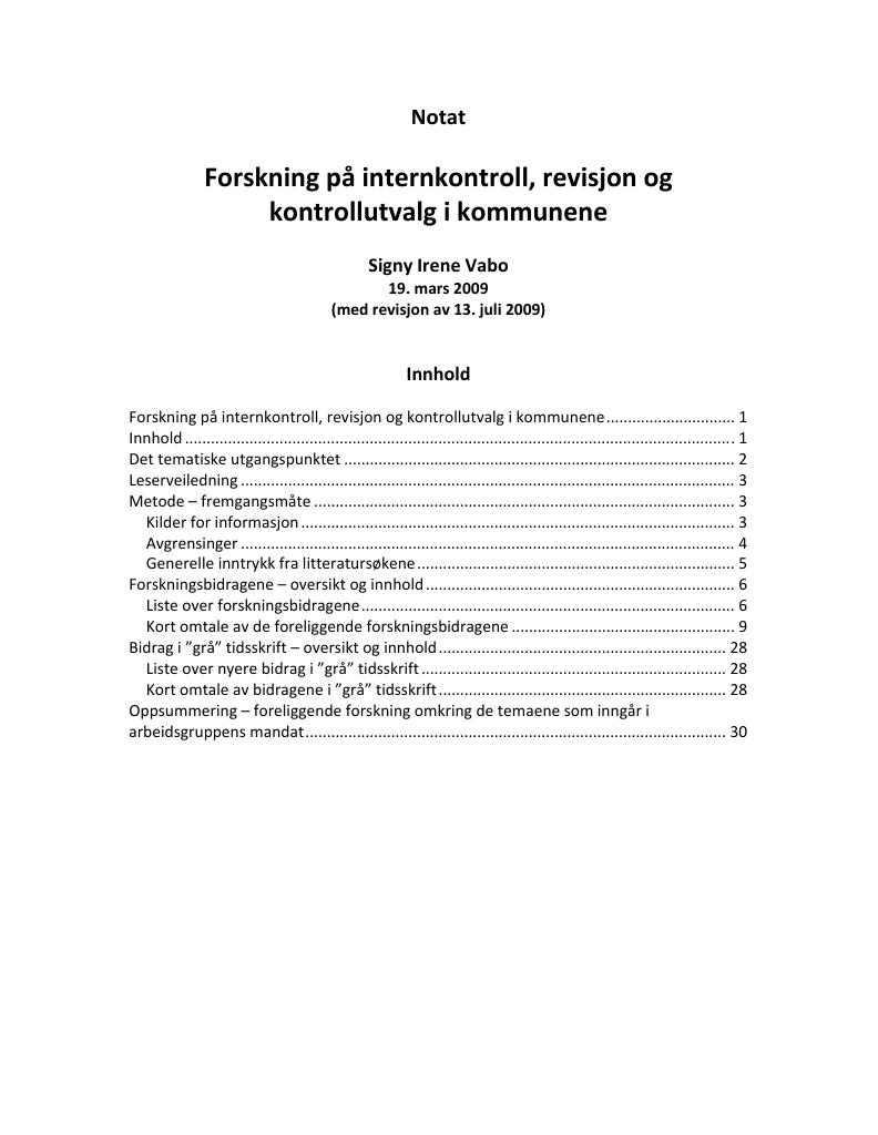 Forsiden av dokumentet Forskning på internkontroll, revisjon og kontrollutvalg i kommunene