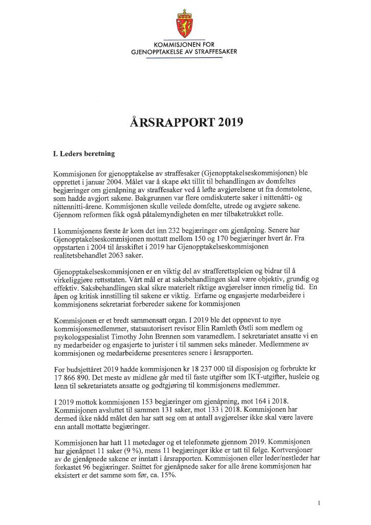 Forsiden av dokumentet Årsrapport Kommisjonen for gjenopptakelse av straffesaker 2019