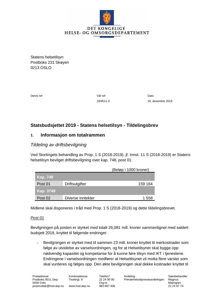 Forsiden av dokumentet Tildelingsbrev Statens helsetilsyn 2019