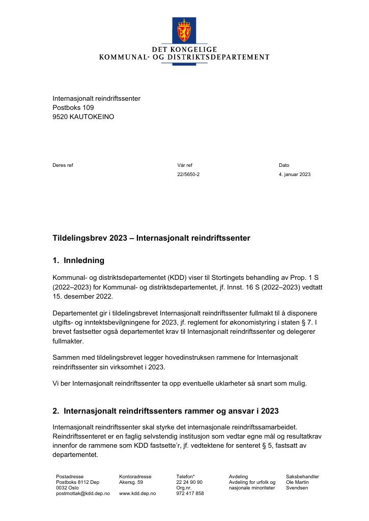 Forsiden av dokumentet Tildelingsbrev Internasjonalt reindriftssenter 2023