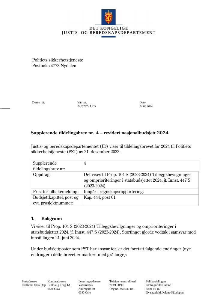 Forsiden av dokumentet Tildelingsbrev Politiets sikkerhetstjeneste 2024 - tillegg nr. 4