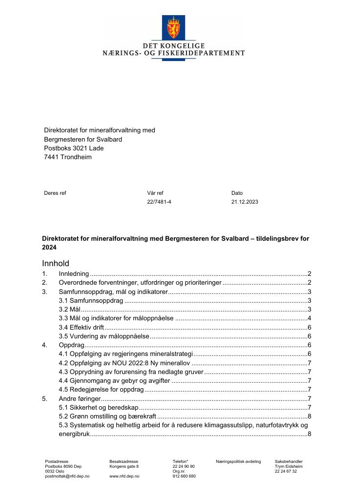 Forsiden av dokumentet Tildelingsbrev Direktoratet for mineralforvaltning 2024