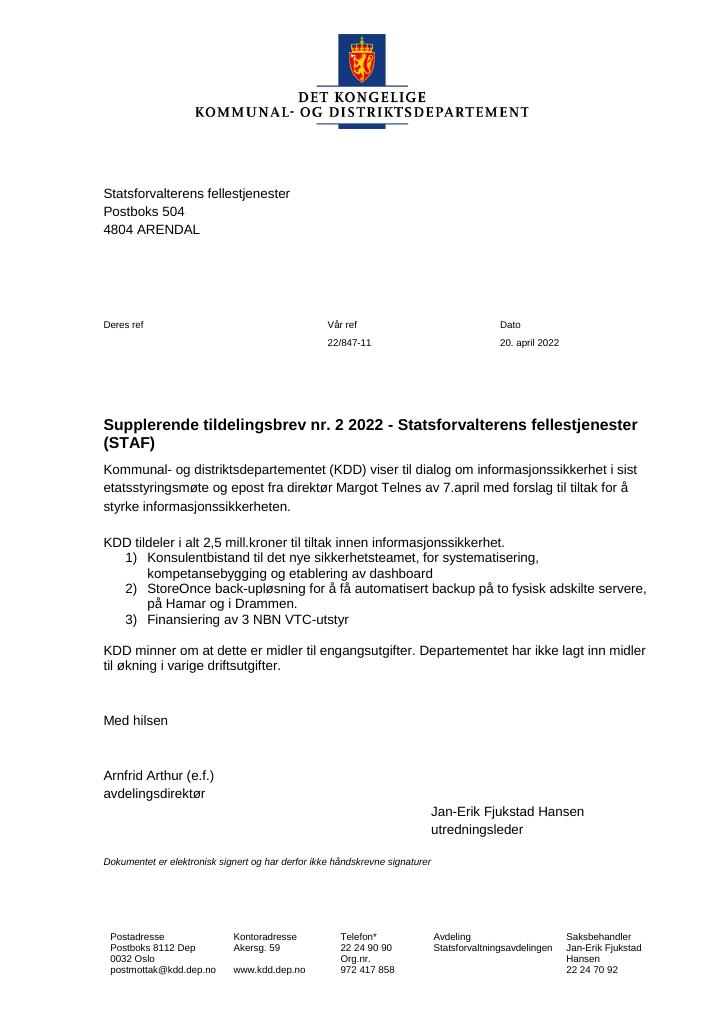 Forsiden av dokumentet Tildelingsbrev Statsforvalterens fellestjenester 2022 - tillegg nr. 2