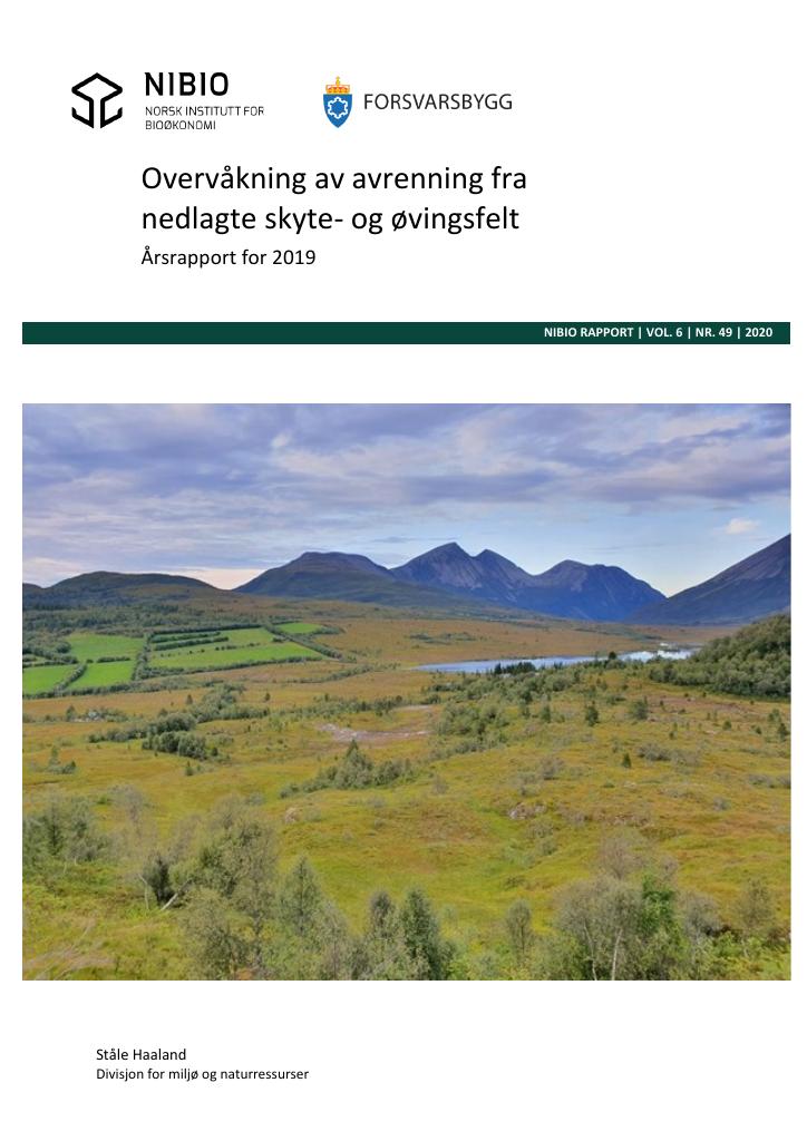 Forsiden av dokumentet Overvåkning av avrenning fra nedlagte skyte- og øvings felt : årsrapport for 2019