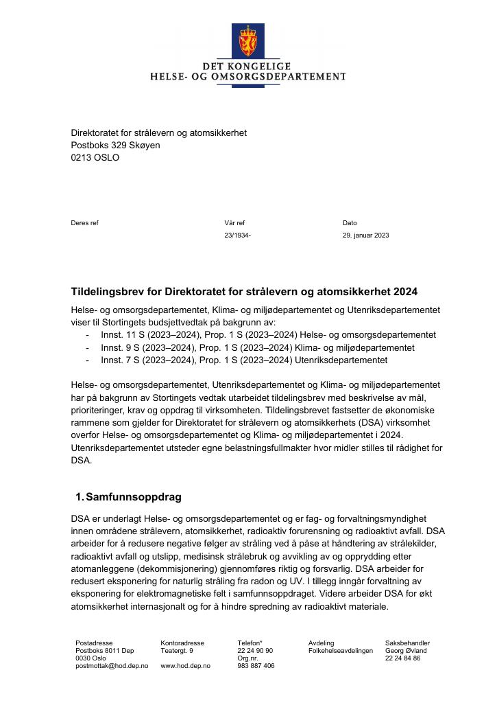 Forsiden av dokumentet Tildelingsbrev 2024