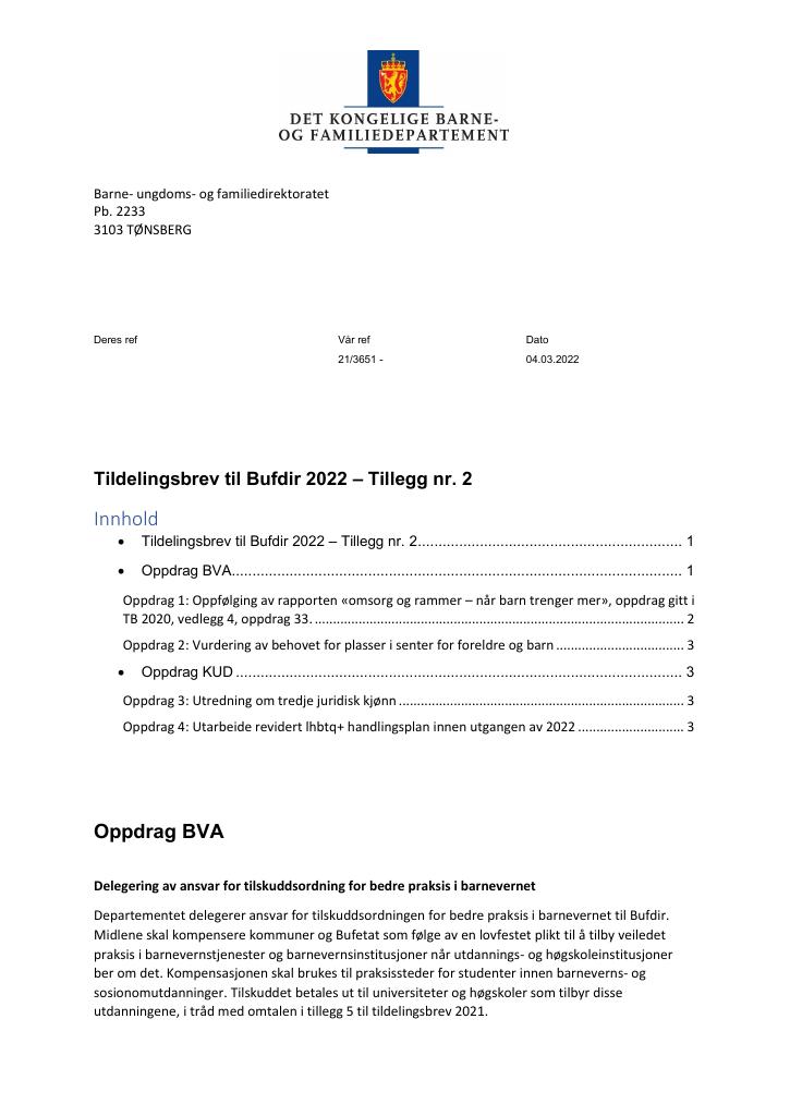 Forsiden av dokumentet Tildelingsbrev Bufdir 2022 - tillegg nr. 2