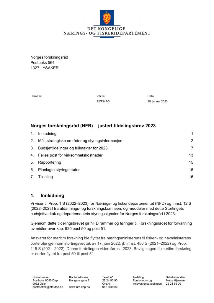 Forsiden av dokumentet Justert tildelingsbrev Norges forskningsråd 2023