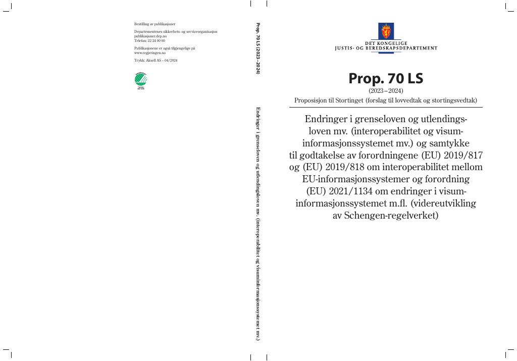 Forsiden av dokumentet Prop. 70 LS (2023–2024)