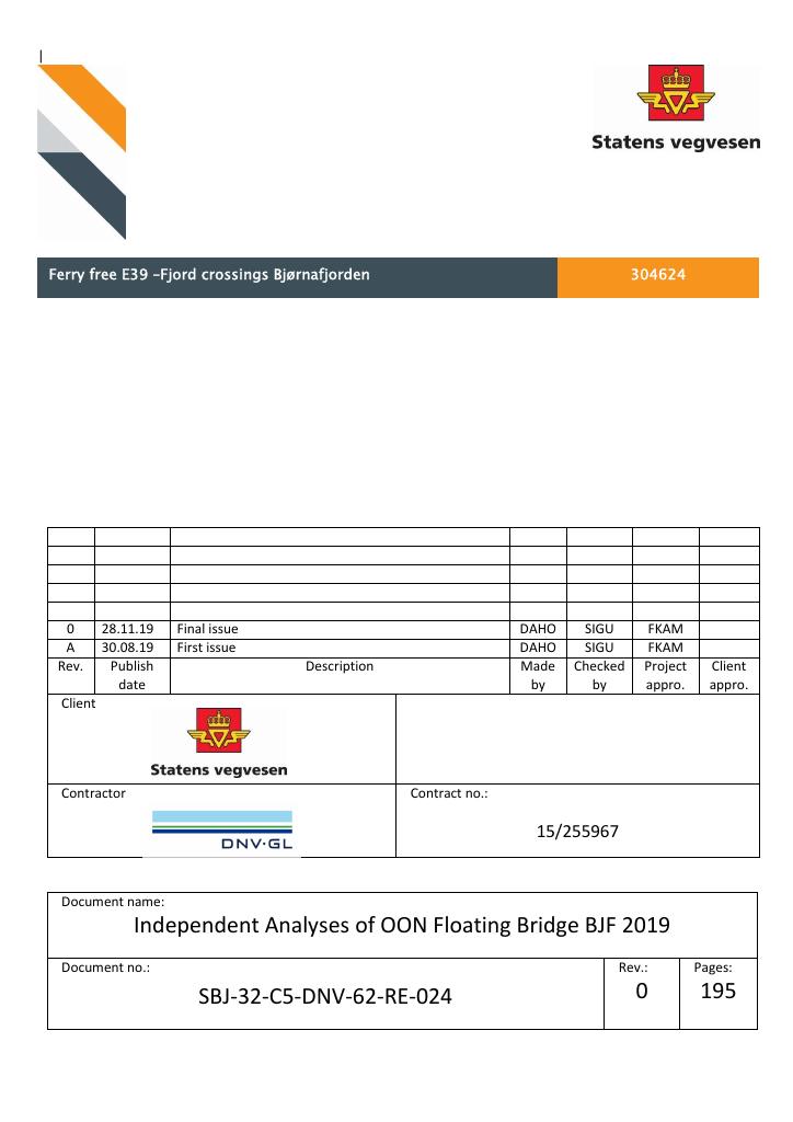 Forsiden av dokumentet Independent Analyses of OON Floating Bridge BJF 2019