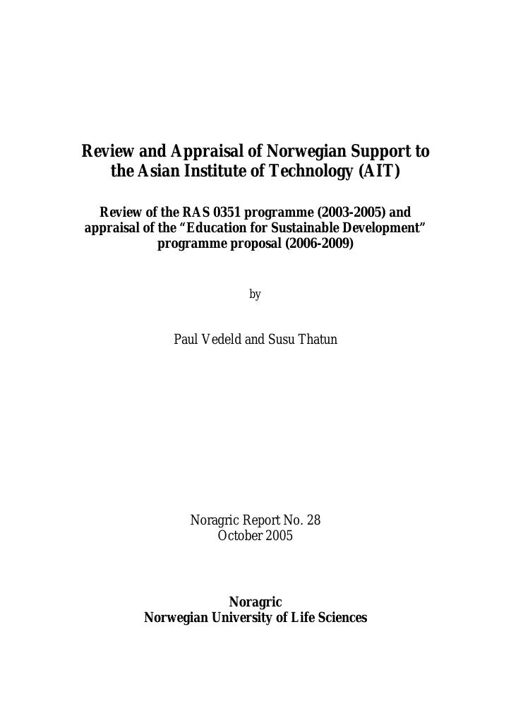 Forsiden av dokumentet Review and Appraisal of Norwegian Support to the Asian Institute of Technology (AIT)