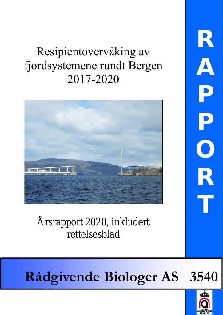 Forsiden av dokumentet Resipientovervåking av fjordsystemene rundt Bergen 2017-2020. Årsrapport 2020, inkludert rettelsesblad