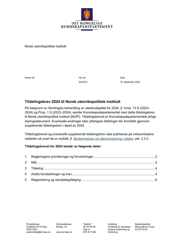 Forsiden av dokumentet Tildelingsbrev Norsk utenrikspolitisk institutt (NUPI) 2024