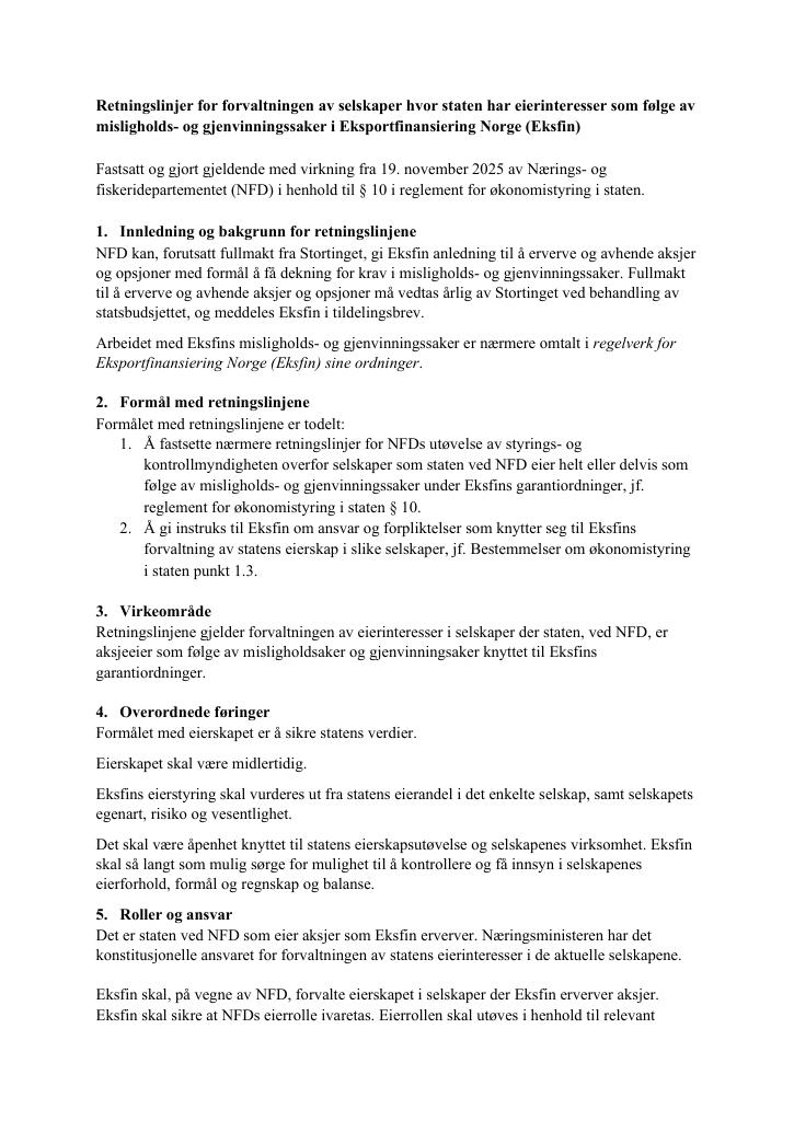 Forsiden av dokumentet Retningslinjer for forvaltningen av selskaper hvor staten har eierinteresser som følge av misligholds- og gjenvinningssaker i Eksportfinansiering Norge (Eksfin)
