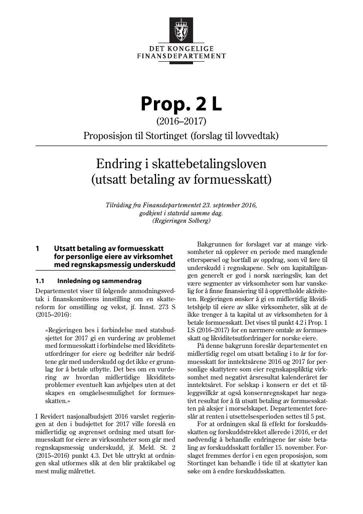 Forsiden av dokumentet Prop. 2 L (2016–2017)