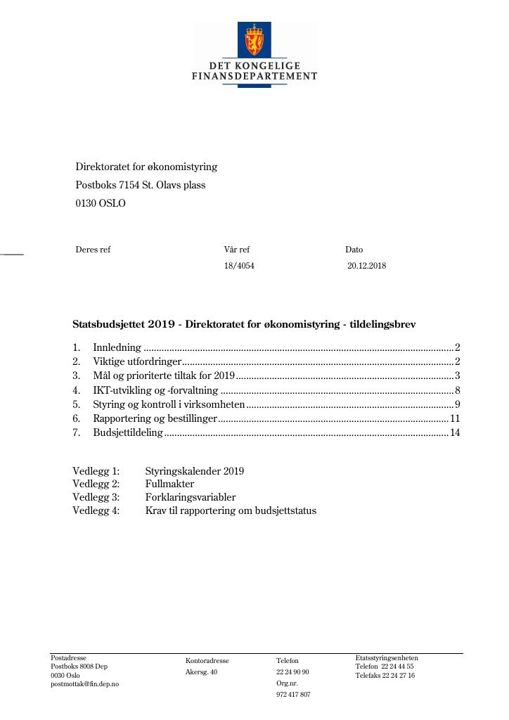 Forsiden av dokumentet Tildelingsbrev DFØ 2019