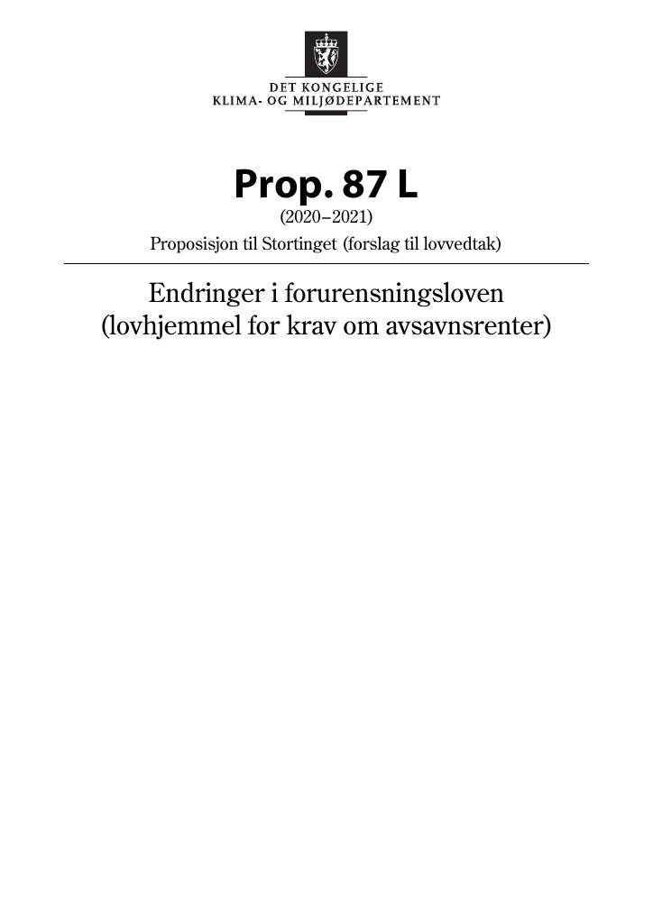 Forsiden av dokumentet Prop. 87 L (2020–2021)