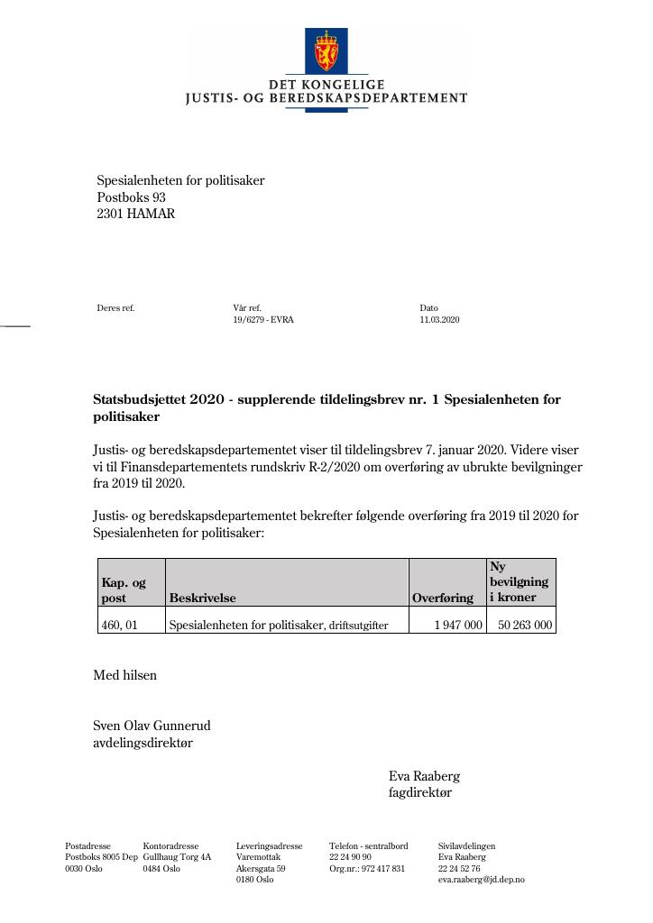 Forsiden av dokumentet Tildelingsbrev Spesialenheten for politisaker 2020 - tillegg nr. 1