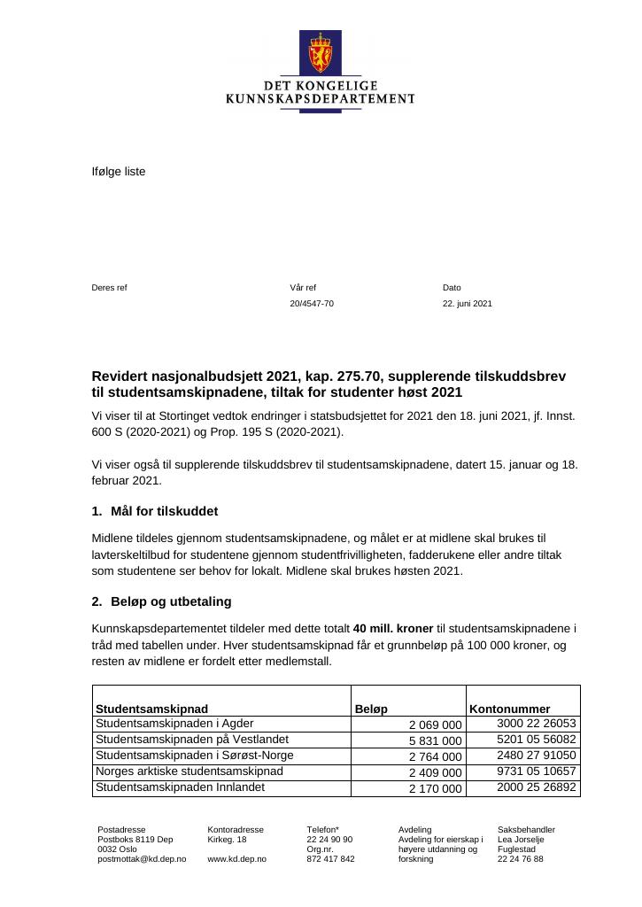 Forsiden av dokumentet Tilskuddsbrev studentsamskipnadene 2021 - nr. 2