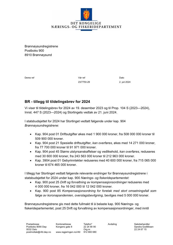 Forsiden av dokumentet Tildelingsbrev Brønnøysundregistrene 2024 - tillegg