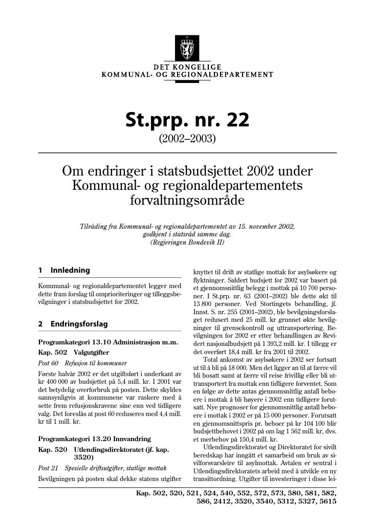 Forsiden av dokumentet St.prp. nr. 22 (2002-2003)