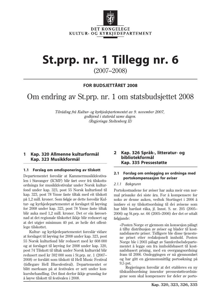 Forsiden av dokumentet St.prp nr. 1 Tillegg nr. 6 (2007-2008)