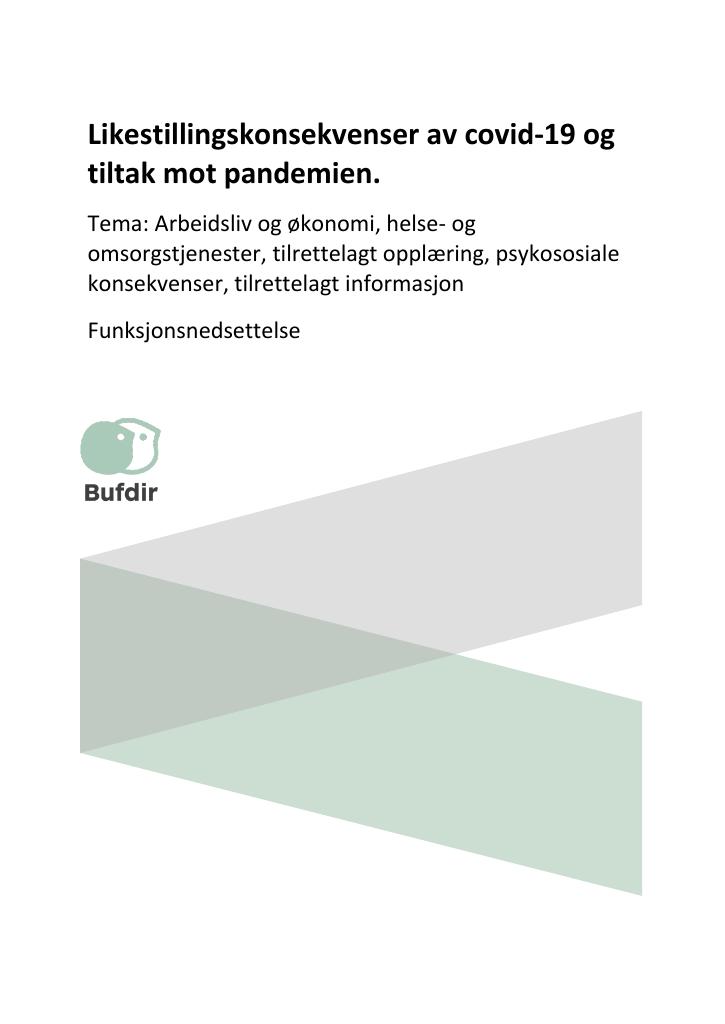 Forsiden av dokumentet Likestillingskonsekvenser av covid-19 og tiltak mot pandemien