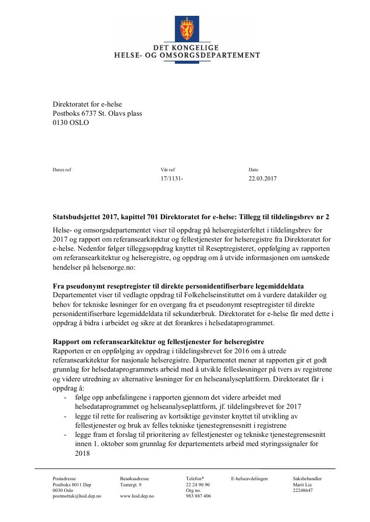 Forsiden av dokumentet Tildelingsbrev Direktoratet for e-helse 2022 - tillegg nr. 2