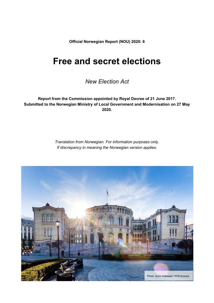 Forsiden av dokumentet NOU 2020: 6 - Free and secret elections